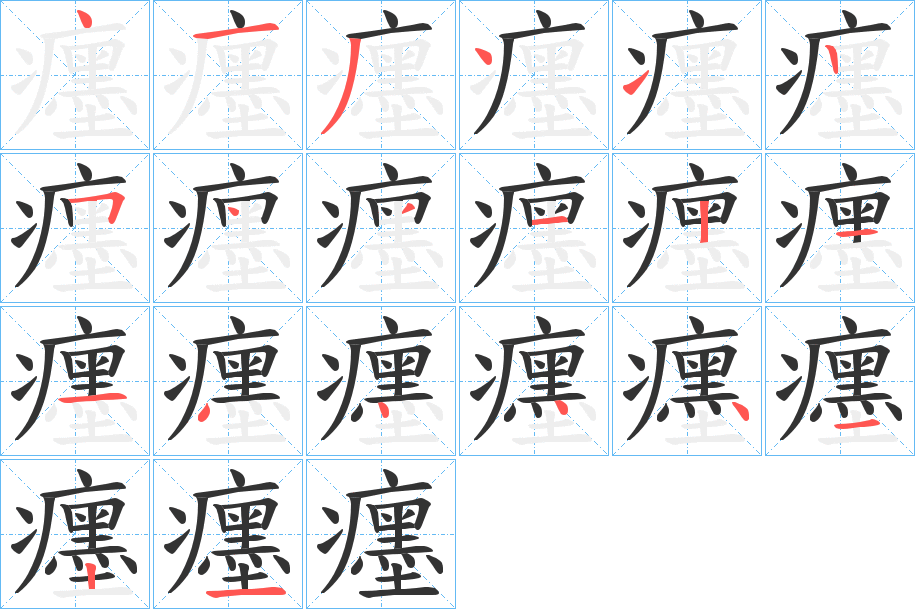 癦字的笔顺分布演示