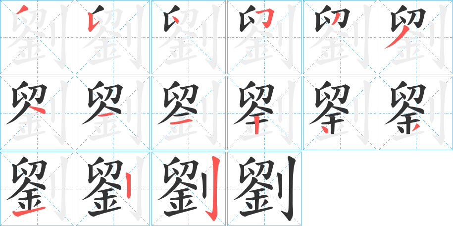 劉字的笔顺分布演示