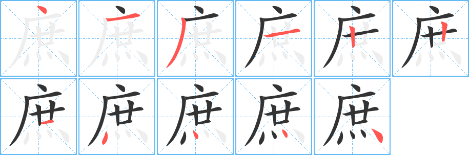 庶字的笔顺分布演示