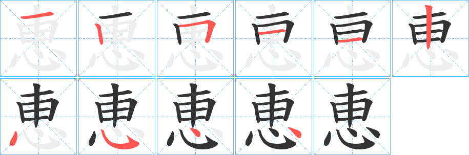 恵字的笔顺分布演示