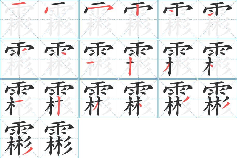 霦字的笔顺分布演示